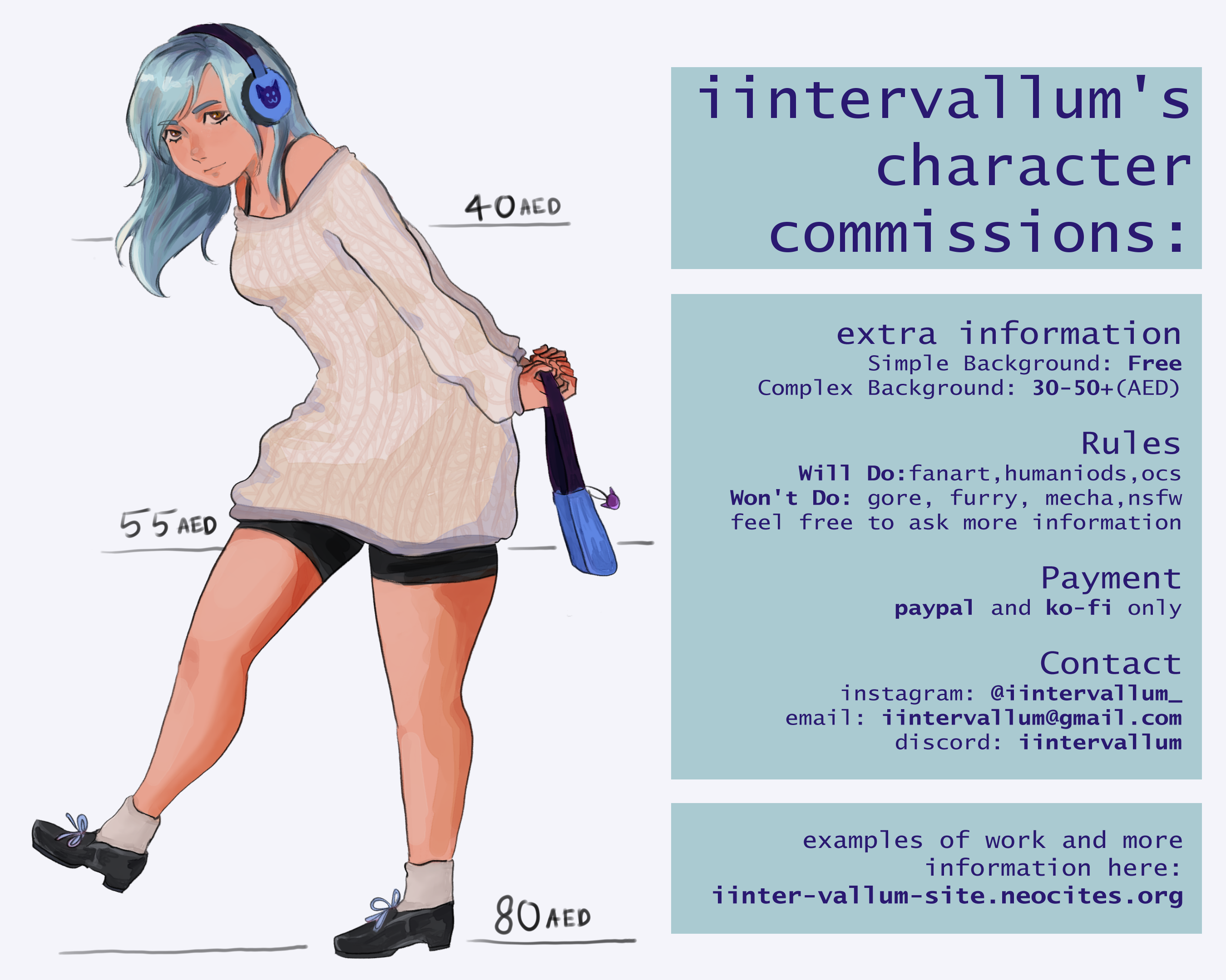 Commissions Sheet:Prices are as follows: Headshot: 40 AED, HalfBody: 55 AED, FullBody: 80 AED.